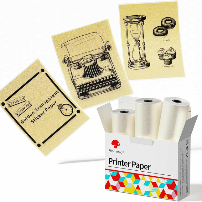 Phomemo Premium Golden Self-Adhesive Thermal Paper - Glossy Printable Sticker Paper for M02/M02 Pro/M02S/P2S/M03/M04S Mini Sticker Printers, 50mm x 3.5m, 28mm Diameter, Pack of 3 Rolls