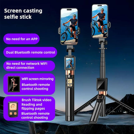 2025 New Rear Camera Selfie Stick ,XO-SS23 Projection Selfie Stick,With Selfie Monitor Screen,With Brush Tiktok Bluetooth Remote Control Scrolling ,With 2Pcs LED Fill Lights ,Maxinum Extend to 66.93 Inch , Phone Tripod, Content Creator Tools, Phone Tripod