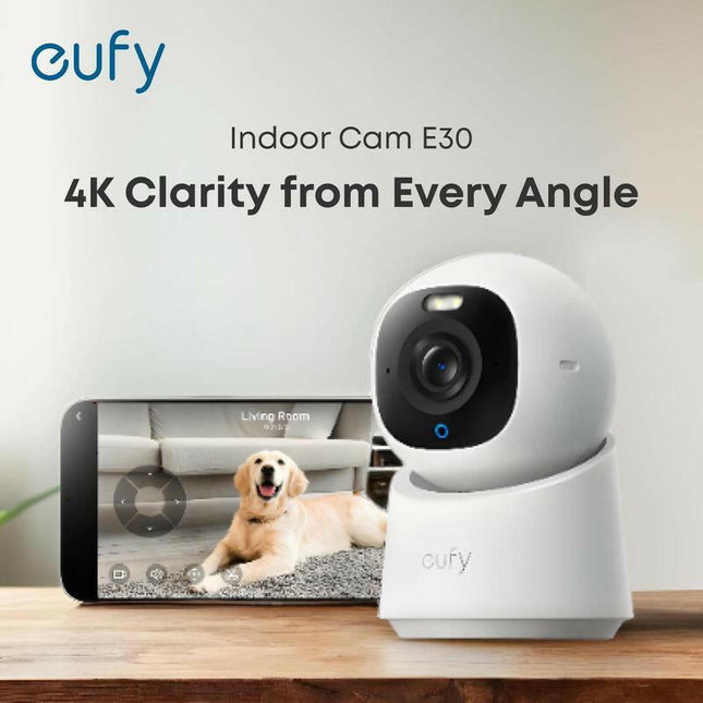 Eufy Indoor Cam E30, Latest Generation, 4K UHD Security Camera, 360 Pan-Tilt, Color Night Vision, AI Detection for Human/Pet/Audio/Crying, Human/Pet Auto Tracking, Works with Homekit｜Spingtok