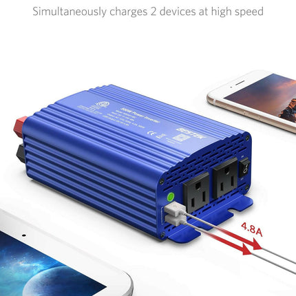 BESTEK 500W DC to AC Power Inverter (12V to 110V) with 4.8A Dual USB Car Charger, ETL Listed (Blue)