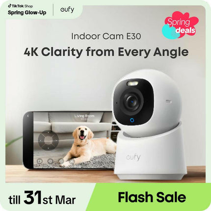 Eufy Indoor Cam E30, Latest Generation, 4K UHD Security Camera, 360 Pan-Tilt, Color Night Vision, AI Detection for Human/Pet/Audio/Crying, Human/Pet Auto Tracking, Works with Homekit｜Spingtok