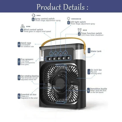3 In 1 Portable Humidifier Fan Mini Air Conditioners USB Mini fan LED