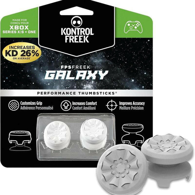 Enhance Your Game with FPS Freek Galaxy White Performance Thumbsticks for Xbox One & Series X - 1 High-Rise, 1 Mid-Rise Controller Grips