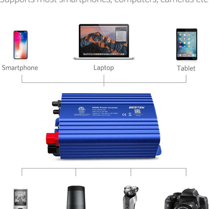 BESTEK 500W DC to AC Power Inverter (12V to 110V) with 4.8A Dual USB Car Charger, ETL Listed (Blue)