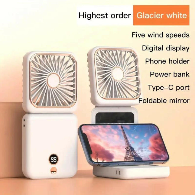 USB Charging Foldable Fan Can Be Hung on the Neck or Desktop, and Can Be Handheld. Five Speed Adjustment, Multifunctional 2500Mah Outdoor Small Fan Portable Camping Misting Rechargeable Protection Folding Wihte