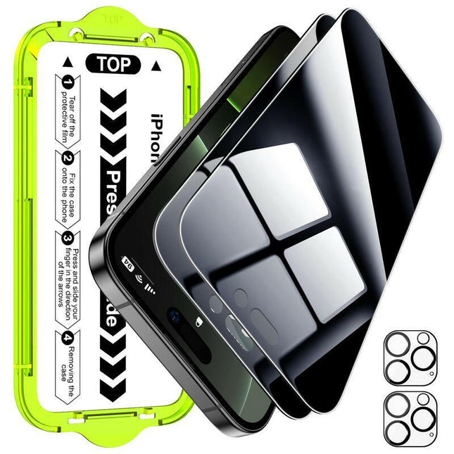 Esanik 2+2 Pack for Series Iphone 16/15/14/13 Pro Max plus Mini Privacy Screen Protector Ultra Clear HD Anti-Spy Tempered Glass & HD Camera Lens Protector, Military-Grade 9H Hardness, Anti-Scratch, Flawless Fit Tray Black